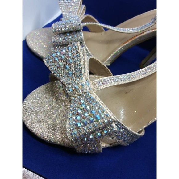 Size 6.5 Wedding Shoes - Color Champagne - 3 Inch Heel - Open Toe Shoes With Bow - Picture 4 of 7